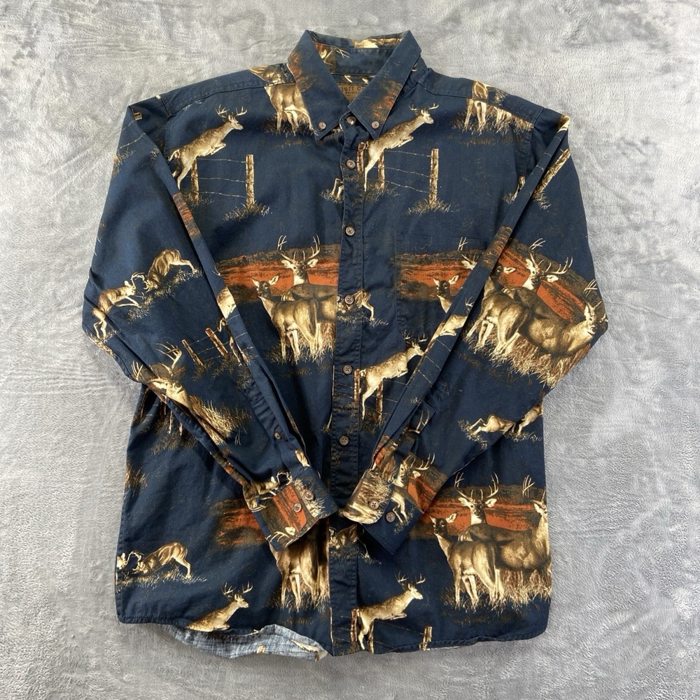 Bluff Creek Outfitters Button-Down Shirt Men M Black Buck Deer Print Long Sleeve